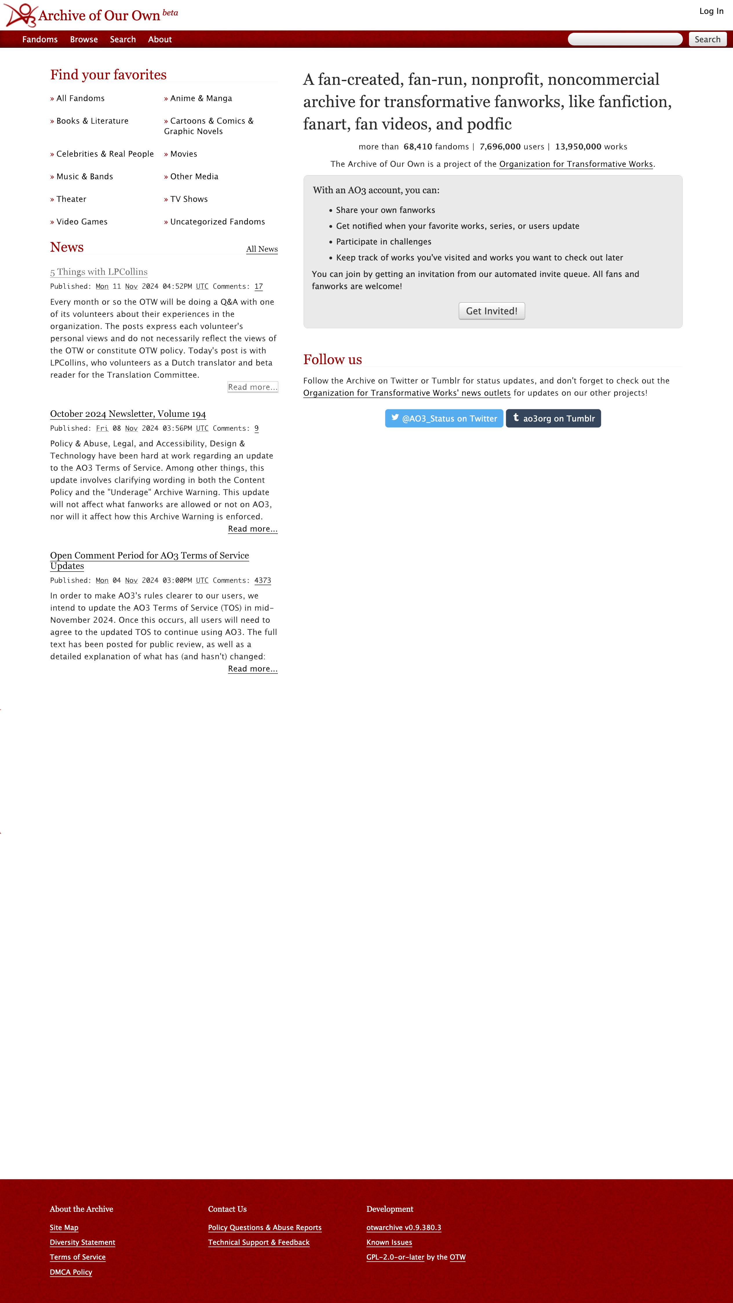 Archive of our own's home page