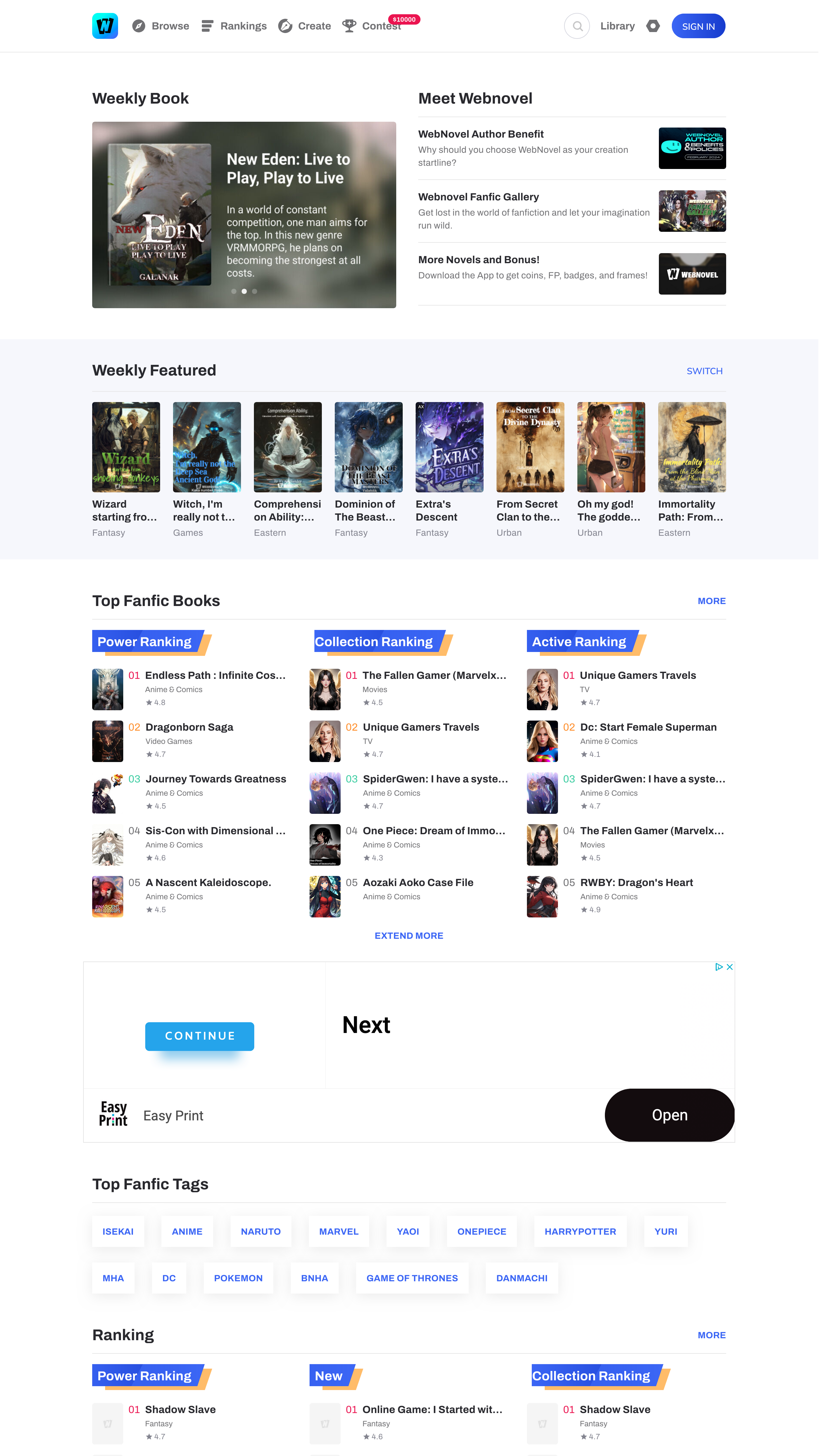 Webnovel's home page